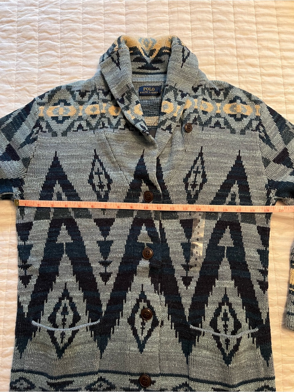 Ralph Lauren Blue and Navy Patterned Shawl-Collar Cardigan - Picture 8 of 9
